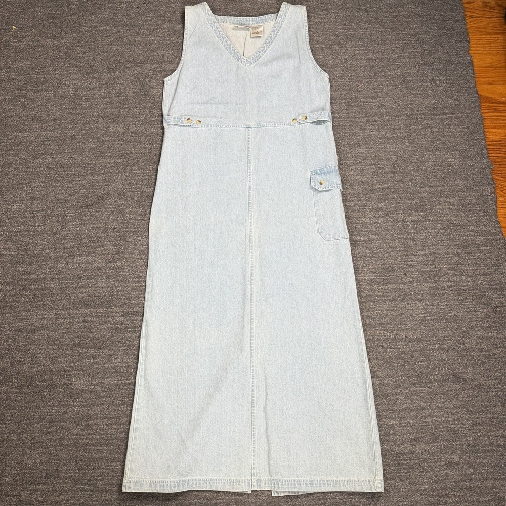 Vintage Bill Blass Denim Maxi Dress Women Small Sleeveless Light Wash Farm Y2K